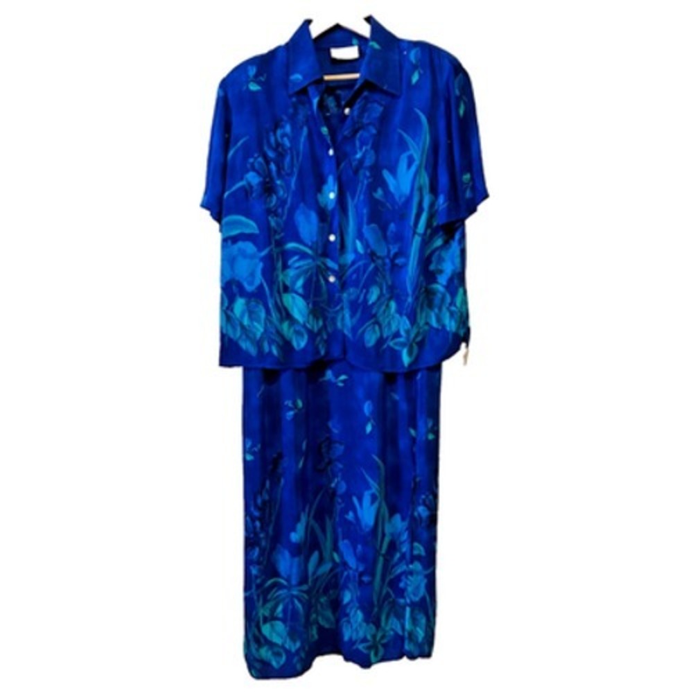 VTG S.L. Fashions Maxi Dress/Cardigan Set Green Blue Floral Career Church Sz 14W